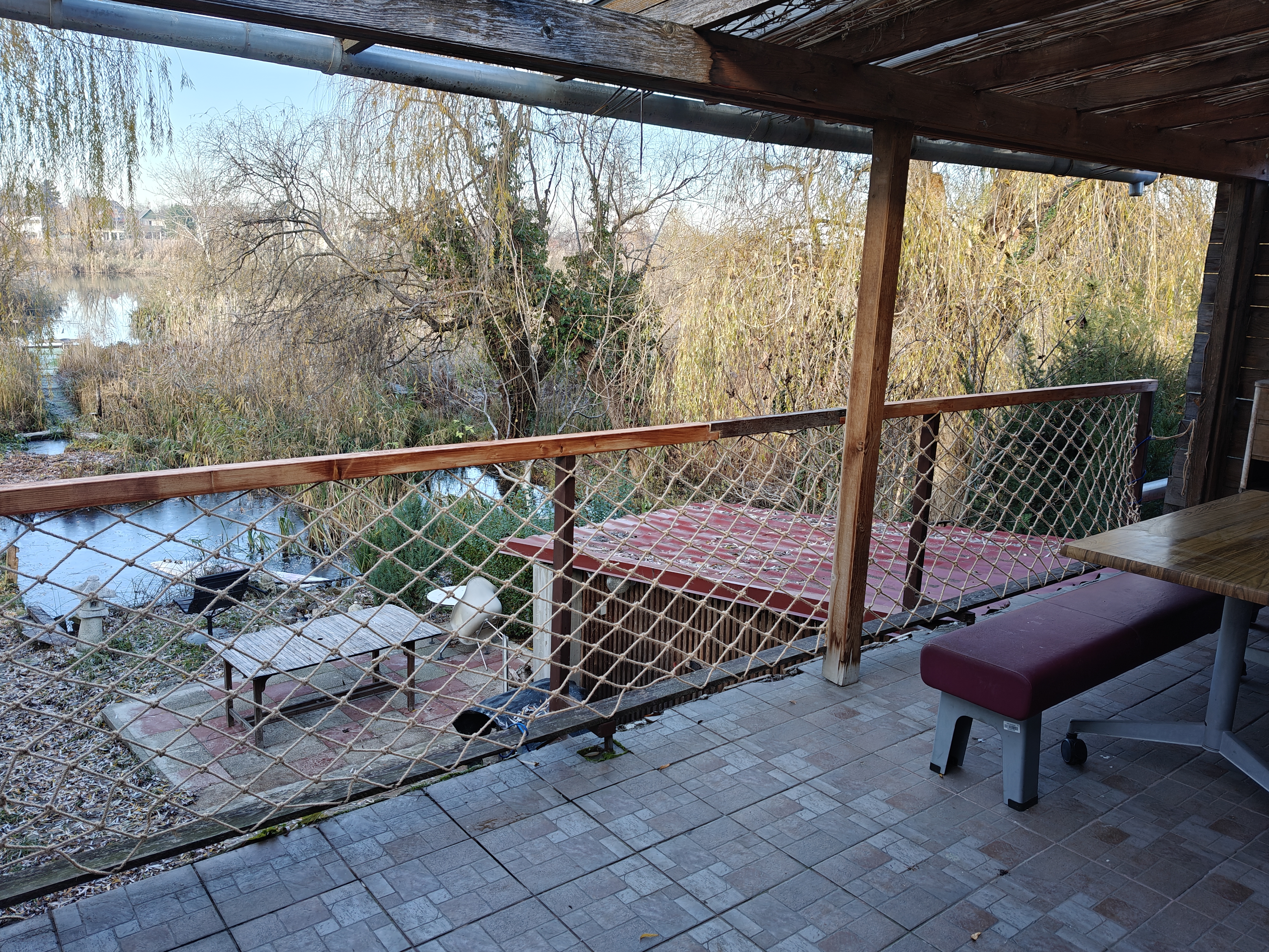 Terasz korláttal és nádas a háttérben